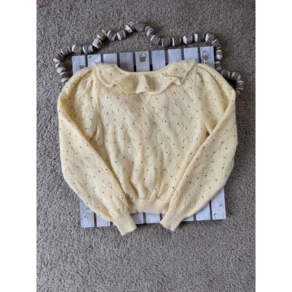 NWOT Rare Alessandra Rich Heart Ruffled Knitted Mohair Yellow Cardigan Sweater - Picture 5 of 10